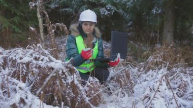 Orman bilimcisi kadın. Orman mikro florasını inceliyor.