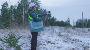 Orman bilimcisi kadın, genç ladin tezgahlarının fotoğraflarını çekiyor.