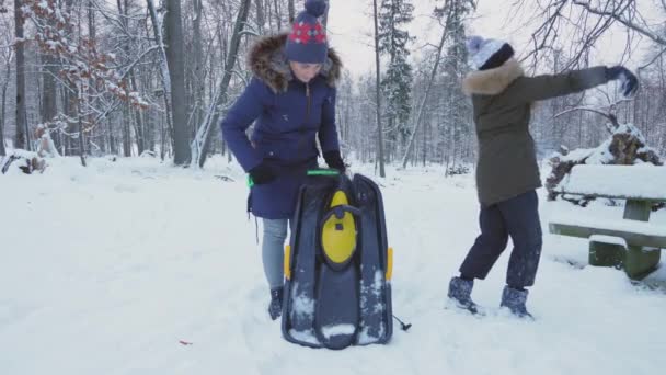 Madre Figlia Rimuovere Neve Dalla Slitta — Video Stock