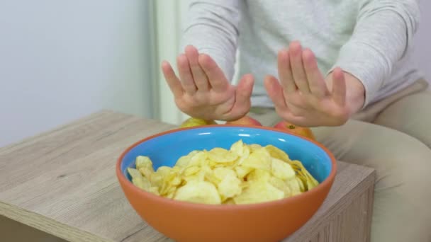 Woman Refusing Eat Unhealthy Food — Stock Video