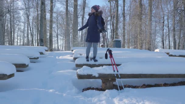 Lycklig Kvinna Vandrare Kasta Snöboll — Stockvideo