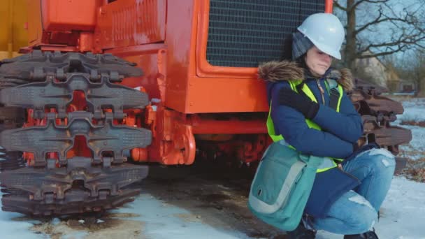 Tired Work Woman Sleeping Crawler Tractor — Stock Video