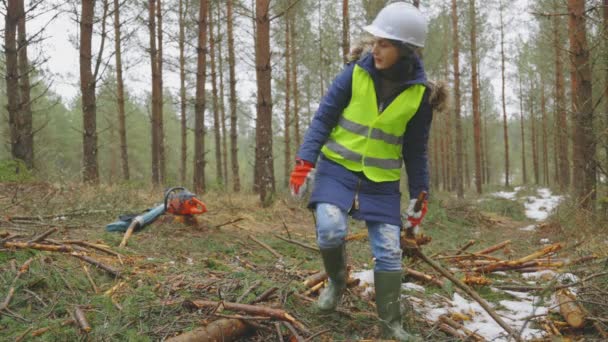 Woman Worker Branches Forest — Stock Video