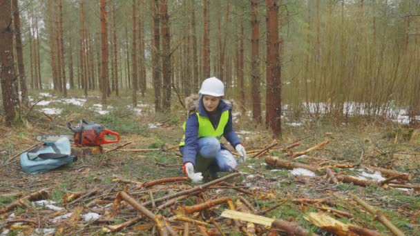 Woman Worker Throwing Branches Stack — Stock Video