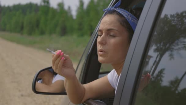 Woman Sitting Car Enjoy Cigarette — Stock Video