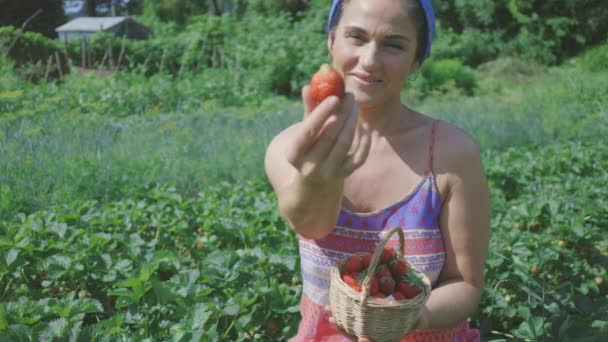 Happy Smiling Woman Holding Strawberry Garden — Stock Video