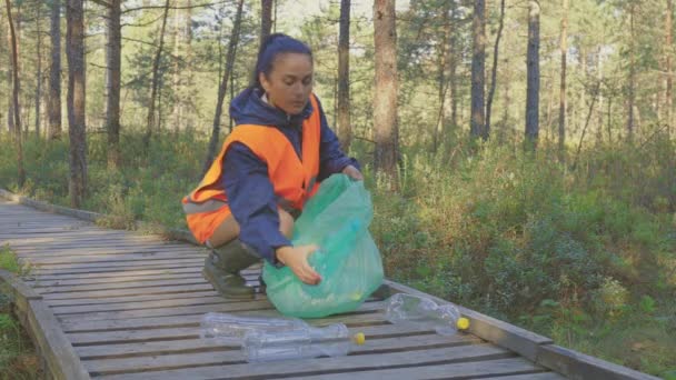 Mulher Voluntária Pegando Garrafas Plástico Caminho Caminhante Floresta — Vídeo de Stock