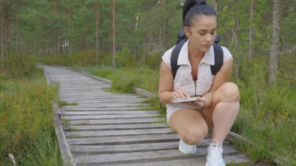 Пішохідна Жінка Дивиться Карту Дерев Яній Доріжці Болоті — стокове відео