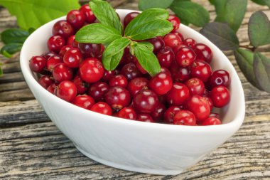 yeşil yaprakları ile beyaz kase taze kızılcık