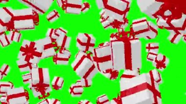 Yeşil bir arka plan üzerinde uçan beyaz hediye kutuları