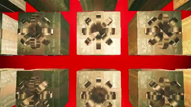 Beyaz bir arka plan üzerinde satırlardaki altın hediye kutuları — Stok video