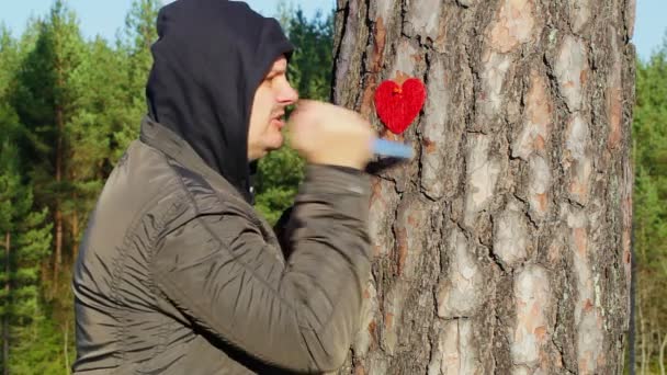 Angry man holding knife and fabric heart near the tree — Stock Video