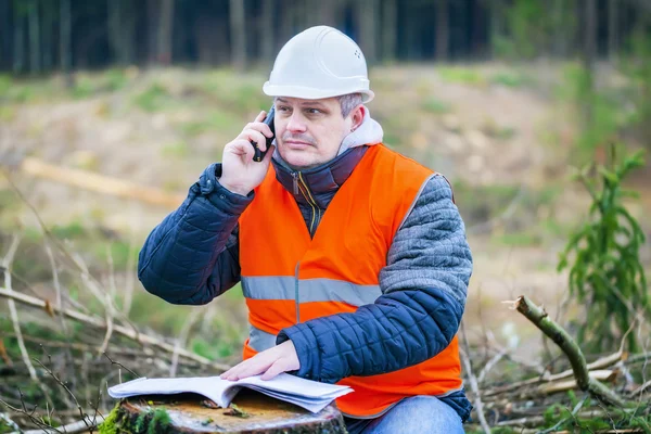 Engenheiro florestal falando em um telefone celular na floresta — Fotografia de Stock