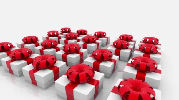 Weiße Geschenkboxen in Reihen auf weißem Hintergrund — Stockvideo