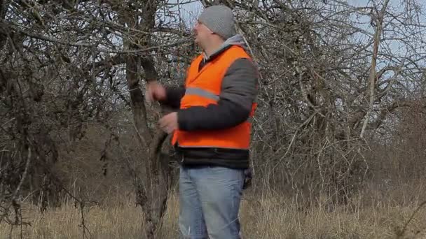 Man in the garden near tree with dead branches — Stock Video