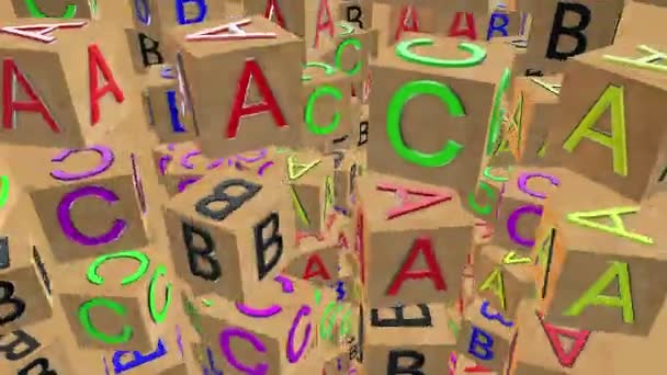 Uçan dönen ahşap alfabe küpleri — Stok video
