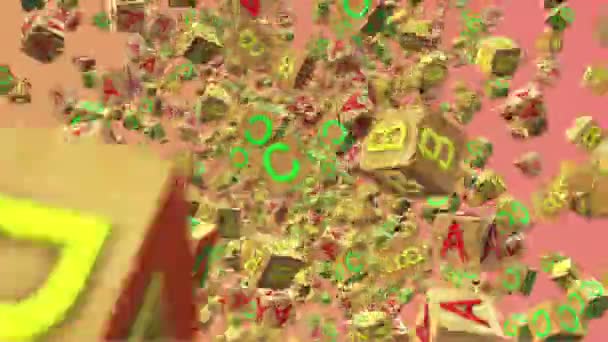 抽象的な飛行木製アルファベット キューブ — ストック動画