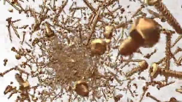 Abstrakte fliegende Schrauben und Bolzen in Goldfarbe — Stockvideo