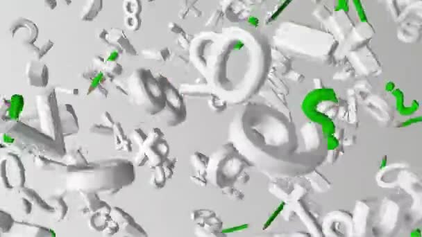 Abstrakte fliegende Buchstaben und Symbole in weißen und grünen Farben — Stockvideo
