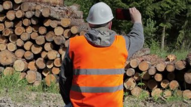 Kereste kazık yakınındaki cep telefonu ile orman memuru filme