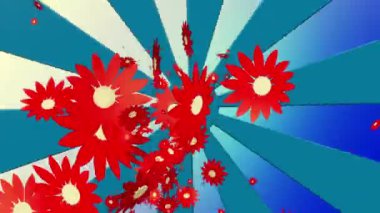 Kırmızı çiçekler sunburst üzerinde uçan