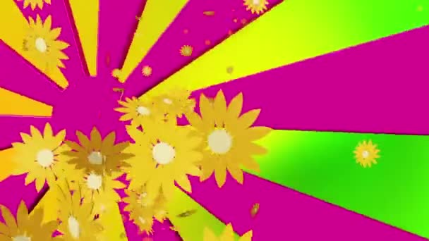 Flying yellow flowers on sunburst — Stock Video