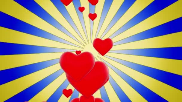 Red Hearts on sunburst in blue-yellow color — Stock Video