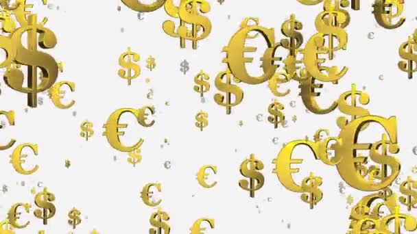 Fliegende USA- Dollar- und Eurozeichen auf weiß — Stockvideo