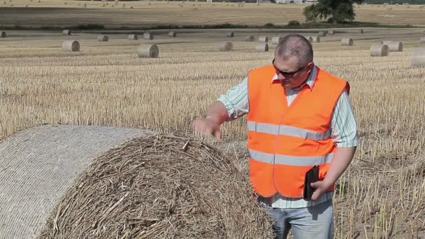 Agricultor verificando os fardos de feno — Vídeo de Stock