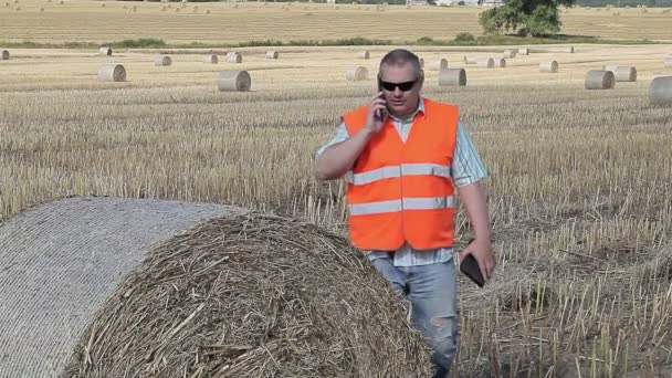 Boer praten over smartphone in de buurt van hooibalen — Stockvideo