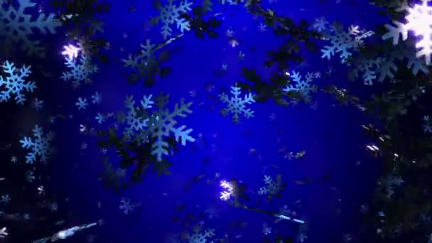 Flocos de neve voadores em azul em azul escuro — Vídeo de Stock