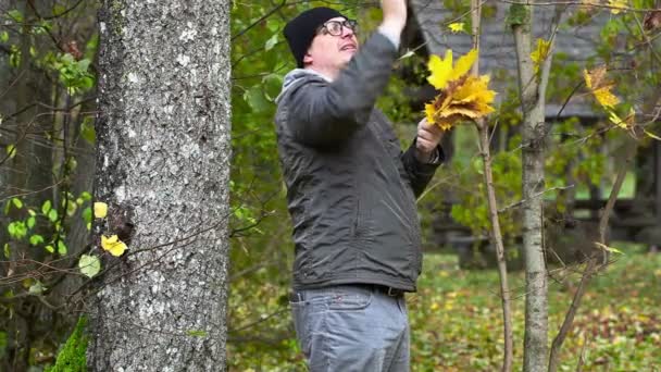 L'homme tire des feuilles d'automne de bois — Video