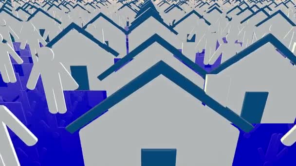 Häuser und Personen-Ikonen in weiß und blau — Stockvideo