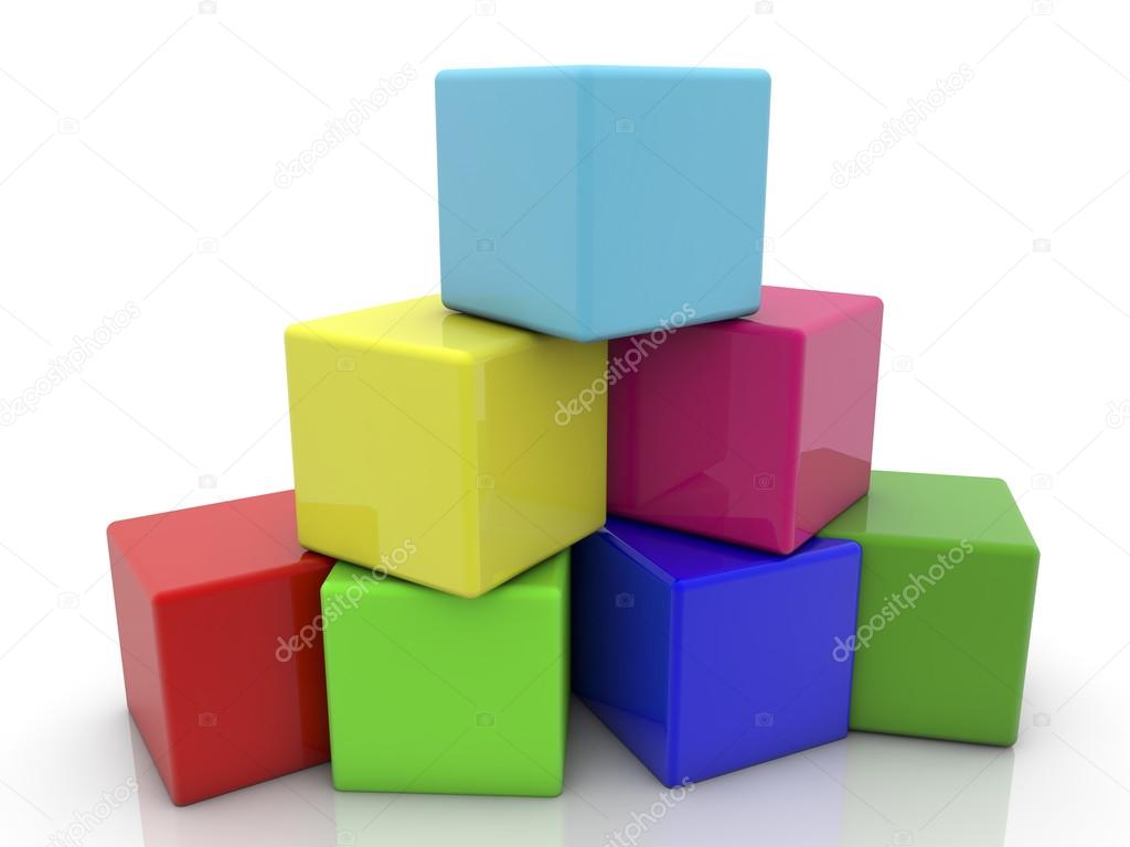 Pyramid of cubes in different colors on white