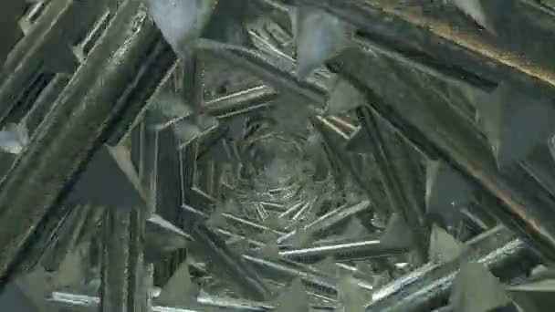 Dikenli gümüş metalik renkli dönen tünel — Stok video