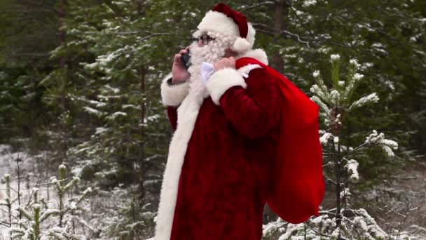 Дед Мороз со смартфоном в лесу — стоковое видео