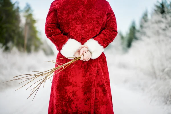 Santa Clause avec bouleau dans la forêt enneigée sur la route — Photo