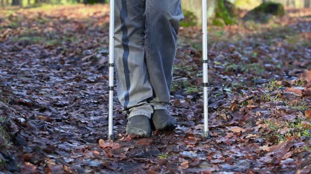 Hombre discapacitado en muletas al aire libre en el camino en el parque — Vídeos de Stock