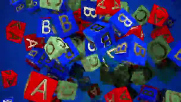 Cubos de juguete voladores con letras A, B, C — Vídeo de stock