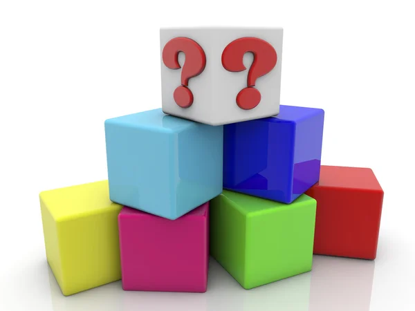 Toy cubes pyramid in various colors with question marK on white cube — Stock Photo, Image