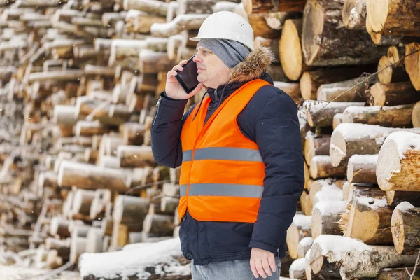Μηχανικός μιλώντας στο smartphone κοντά σε σωρούς των κούτσουρων το χειμώνα — Φωτογραφία Αρχείου