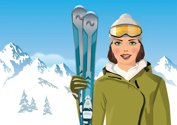 Woman with skis in the mountains - vector illustration — Stock Vector