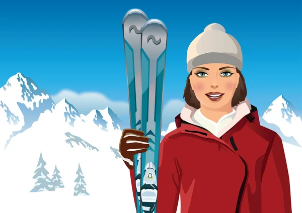 kadın kayaklar dağlarda - vektör çizim ile 