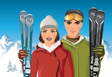 erkek ve kadın kayaklar dağlarda - vektör çizim ile