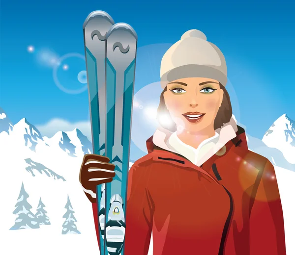 kadın kayaklar dağlarda - vektör çizim ile 