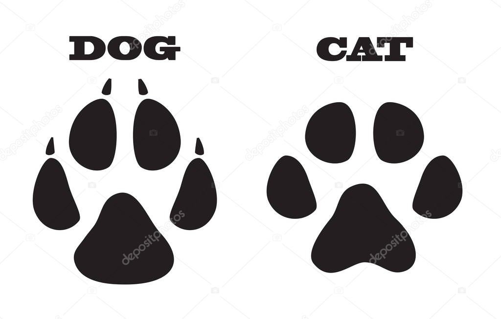 Dog and cat track - animal footprint, Black and white vector illustration.