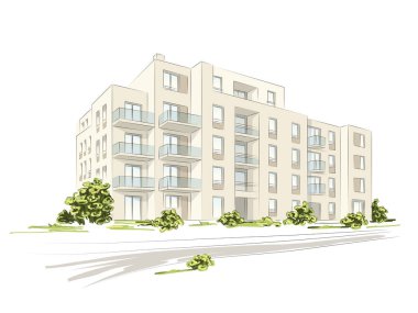 Apartman bloklarının vektör lineer projesi. Modern evin arşivsel konsept çizimi.