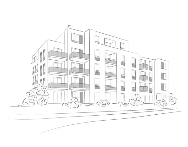 Διανυσματικό Γραμμικό Σχέδιο Πολυκατοικίας Architectural Concept Sketch Της Σύγχρονης Κατοικίας — Διανυσματικό Αρχείο