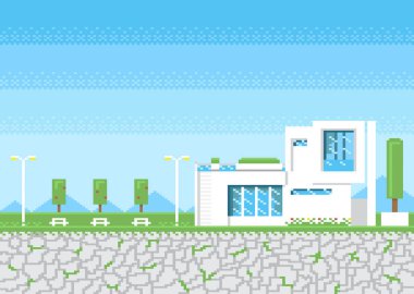 Piksel oyun tarzında park ve lamba direği olan taştan basamaklı modern ev.