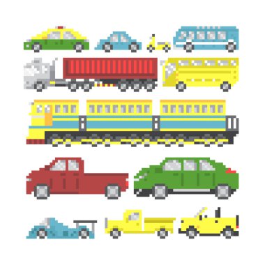 Beyaz arkaplanda piksel oyununda farklı Cars veya Simge.